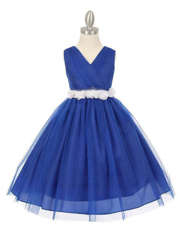V-neck Tulle Floor-length Ball Gown Simple Flower Girl Dresses with Sashes / Ribbons