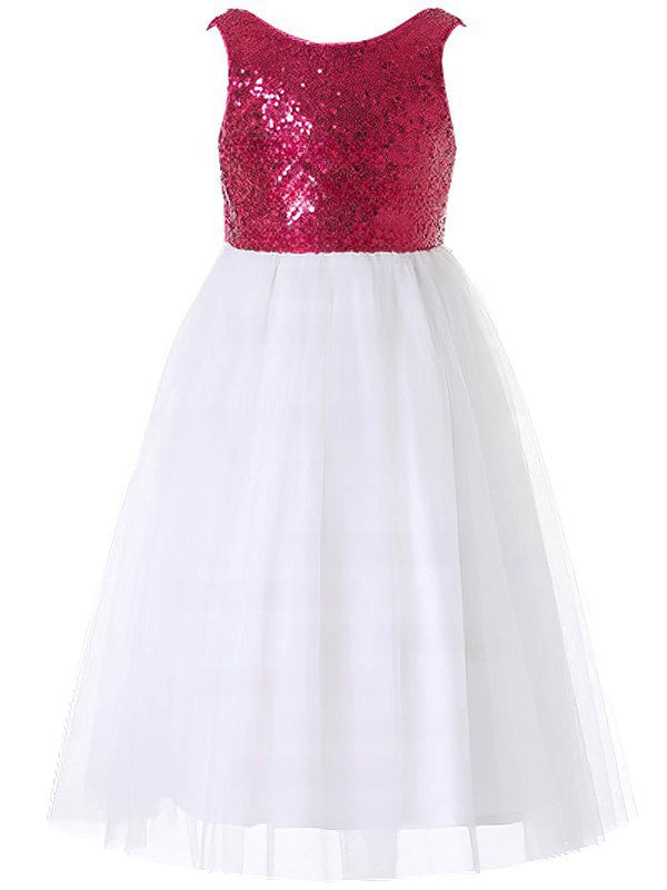 Beautiful A-line Scoop Neck Tulle Sequined Floor-length Bow Flower Girl Dresses at Discounted Prices