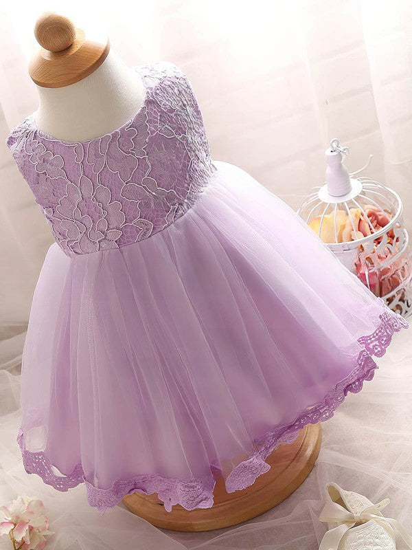 New Arrival Flower Girl Dresses - Ball Gown Scoop Neck Lace Tulle Tea-length Bow