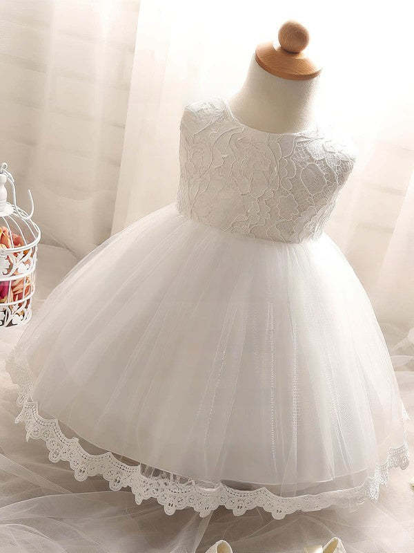 New Arrival Flower Girl Dresses - Ball Gown Scoop Neck Lace Tulle Tea-length Bow