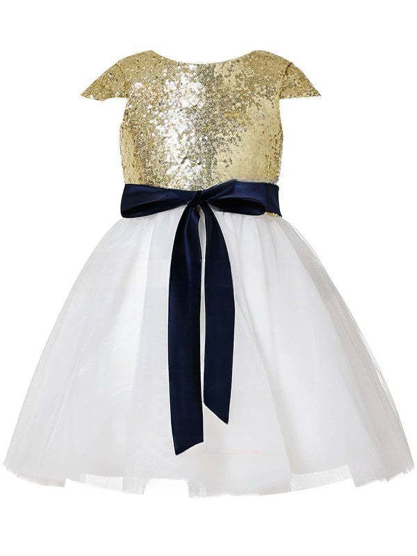A-line Scoop Neck Tulle Sequined Sashes/Ribbons Flower Girl Dresses for Online Shopping
