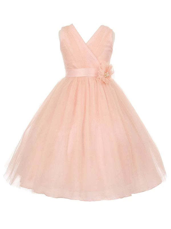 Affordable Flower Girl Dresses with Princess V-neck, Tulle Floor-length & Sashes / Ribbons