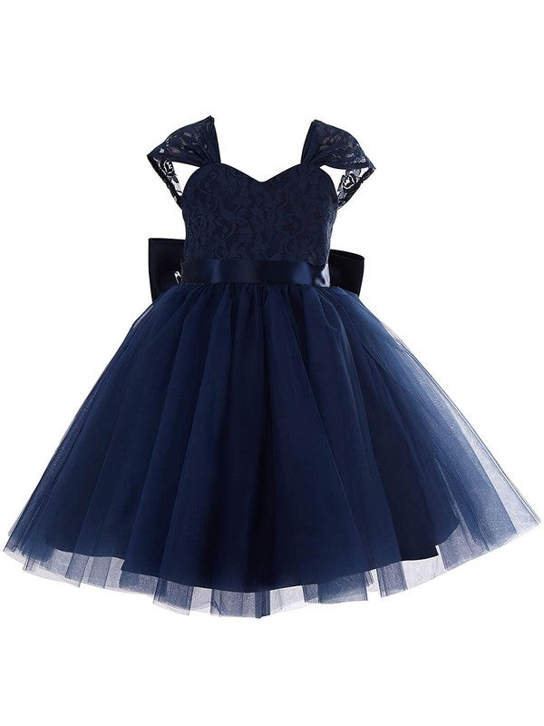 Princess Sweetheart Lace Tulle Bow Dark Navy Tea-length Cute Flower Girl Dresses