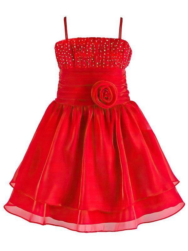 Original A-line Square Neckline Organza Beading Knee-length Flower Girl Dresses