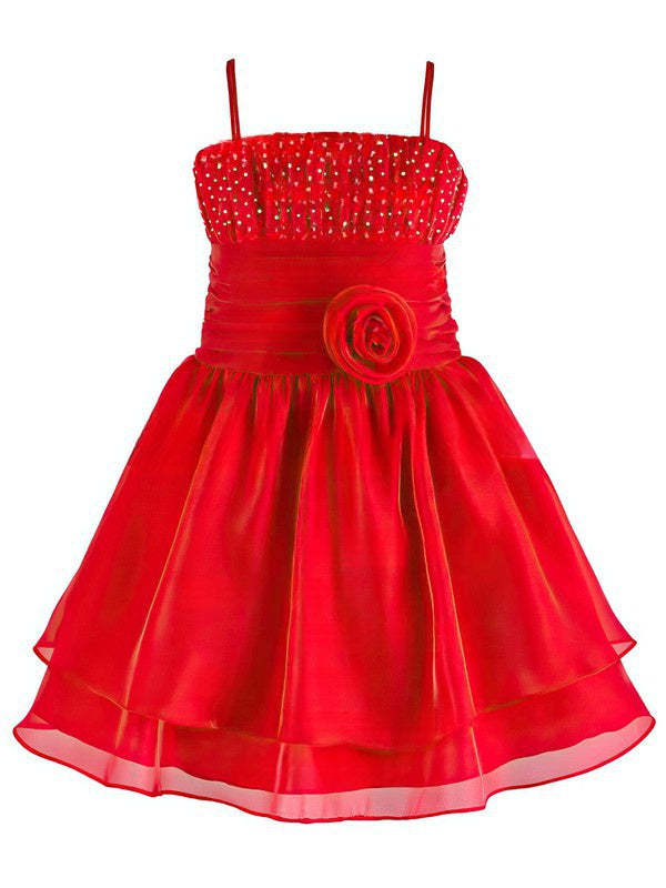 Original A-line Square Neckline Organza Beading Knee-length Flower Girl Dresses