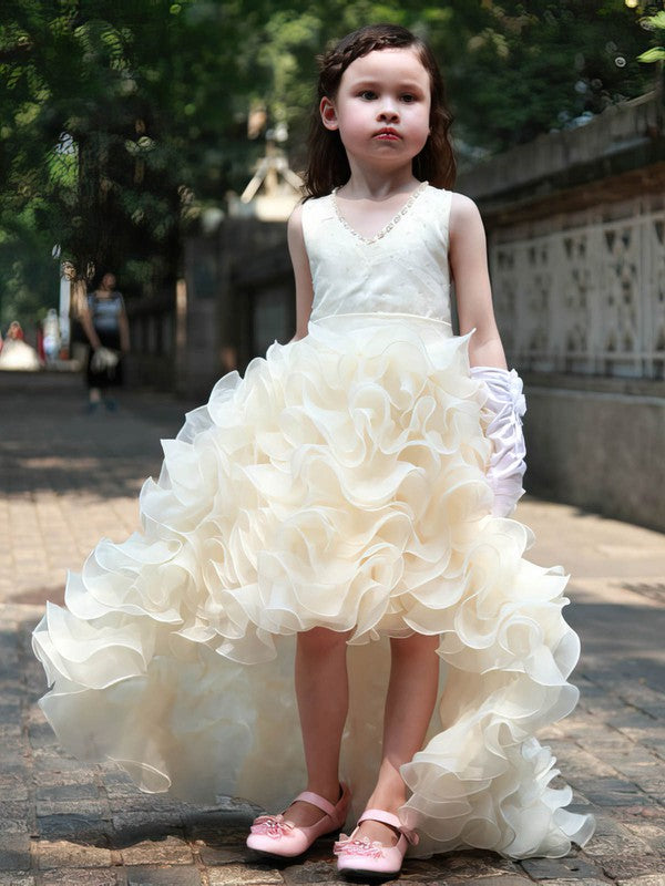 Unique A-line V-neck Organza Beading Asymmetrical Flower Girl Dresses