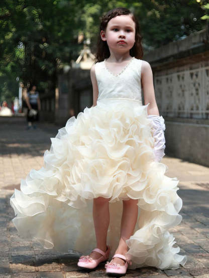 Unique A-line V-neck Organza Beading Asymmetrical Flower Girl Dresses
