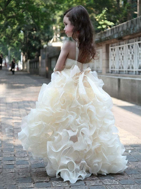 Unique A-line V-neck Organza Beading Asymmetrical Flower Girl Dresses