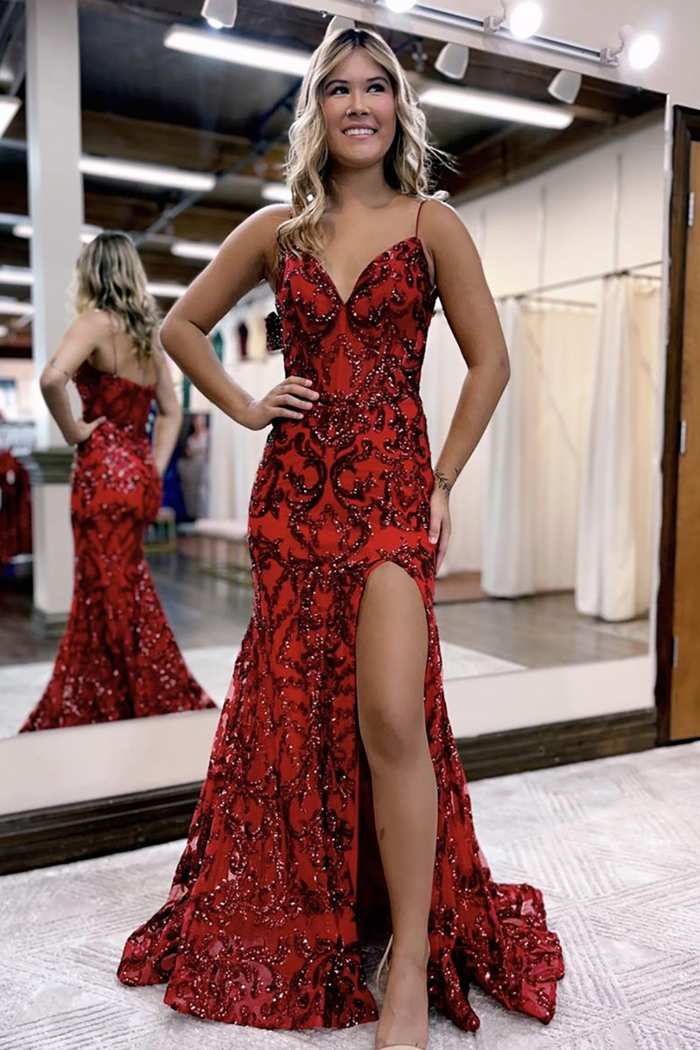 Mermaid Prom Dress with Sparkly Red Sequins and Spaghetti Straps