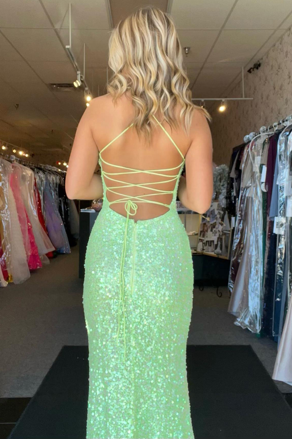 Long Royal Blue Prom Dress with Sparkly Sequins Backless Design and Slit