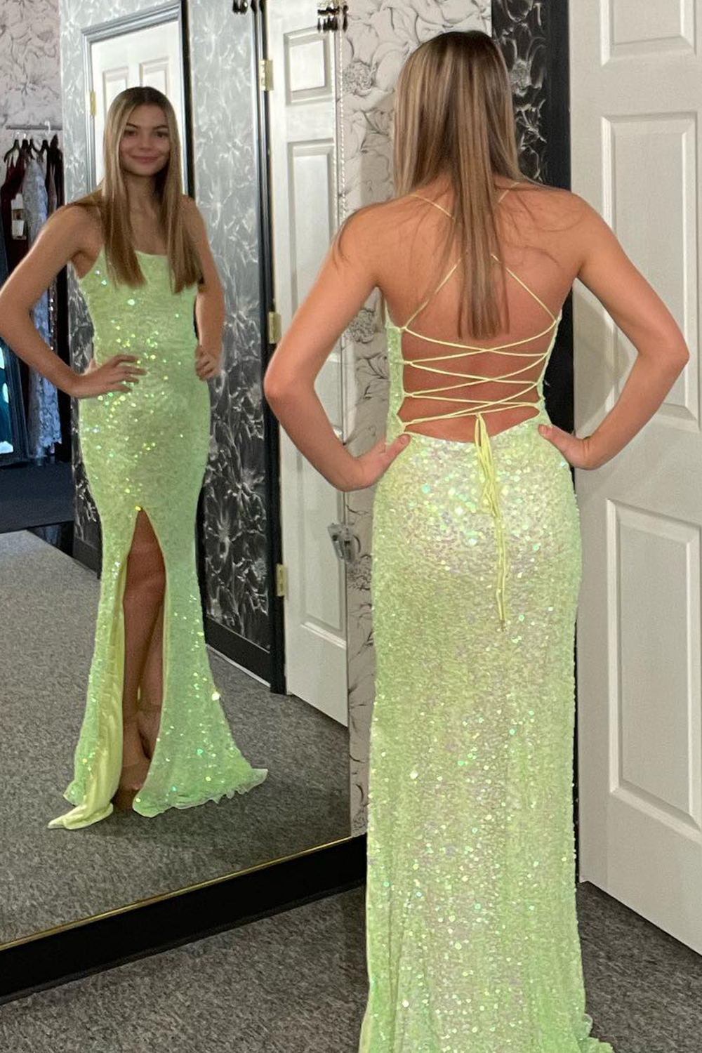 Long Royal Blue Prom Dress with Sparkly Sequins Backless Design and Slit