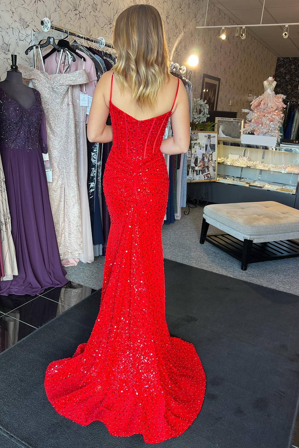 Long Red Corset Prom Dress with Spaghetti Straps Sequins and Mermaid Slit