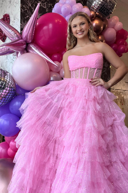 Exquisite Champagne Strapless A-Line Corset Prom Dress with Ruffles