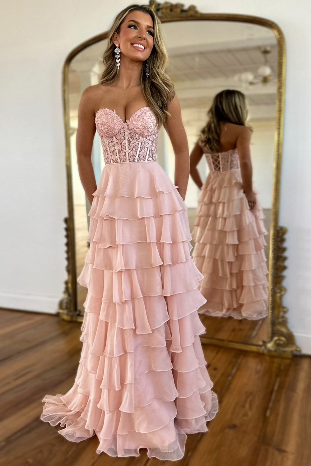 Long Chiffon Prom Dress in Pink with A-Line Corset and Tiered Slit