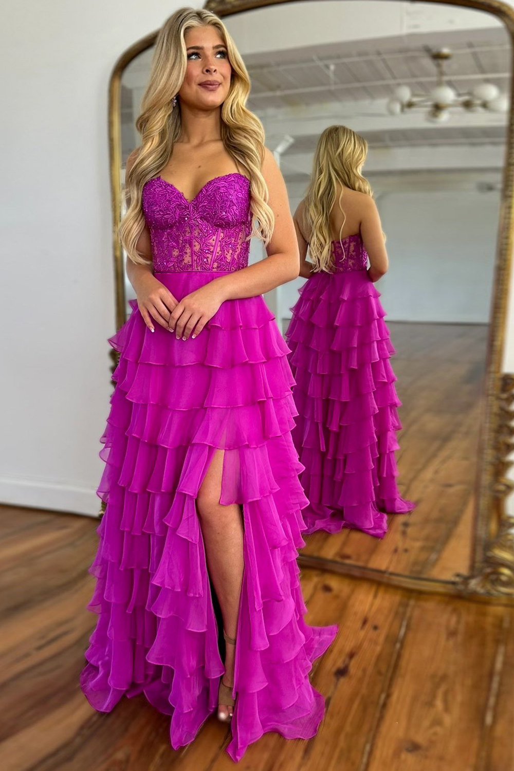 Long Chiffon Prom Dress in Pink with A-Line Corset and Tiered Slit