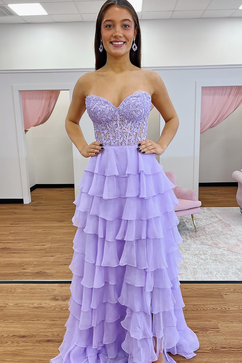 Lilac Long Corset Prom Dress with Sweetheart Neckline and A-Line Ruffles