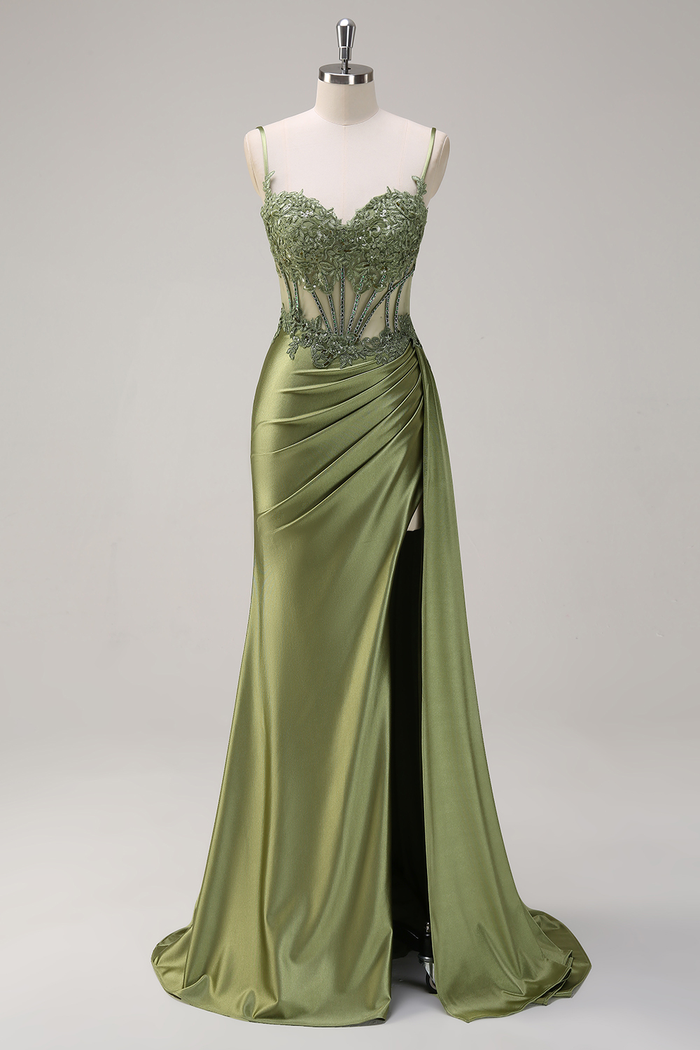 Silver Corset Prom Dress with Trendy Mermaid Spaghetti Straps and Appliques