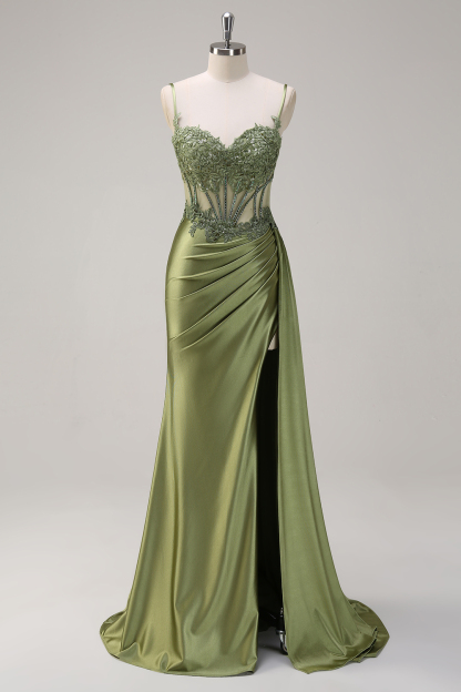 Silver Corset Prom Dress with Trendy Mermaid Spaghetti Straps and Appliques