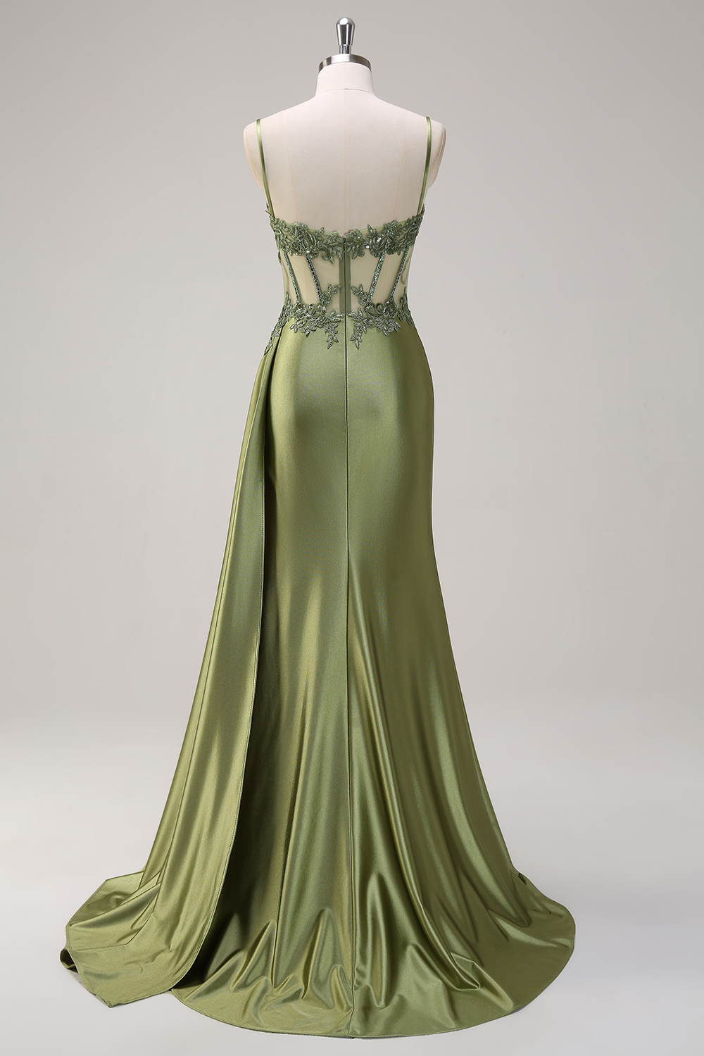 Silver Corset Prom Dress with Trendy Mermaid Spaghetti Straps and Appliques
