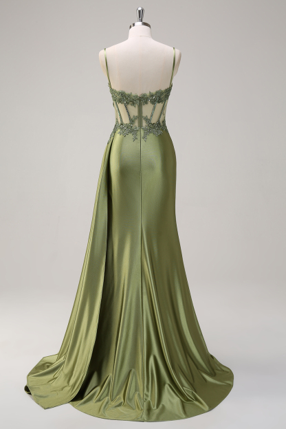 Silver Corset Prom Dress with Trendy Mermaid Spaghetti Straps and Appliques