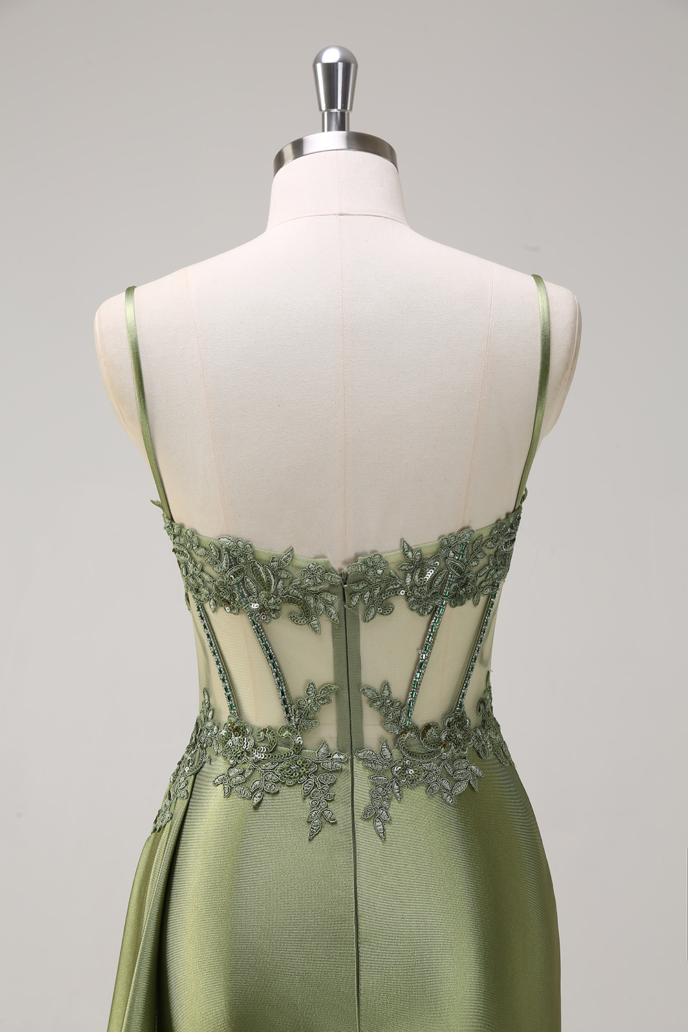 Silver Corset Prom Dress with Trendy Mermaid Spaghetti Straps and Appliques