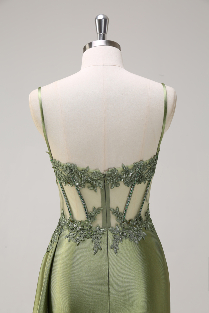 Silver Corset Prom Dress with Trendy Mermaid Spaghetti Straps and Appliques
