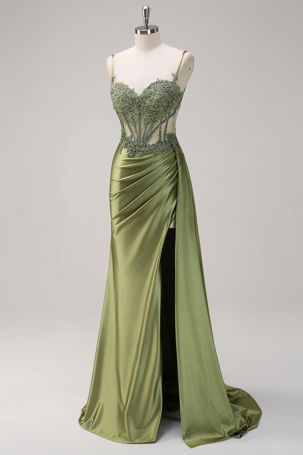 Silver Corset Prom Dress with Trendy Mermaid Spaghetti Straps and Appliques