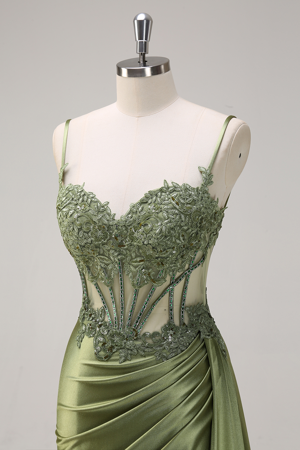 Silver Corset Prom Dress with Trendy Mermaid Spaghetti Straps and Appliques