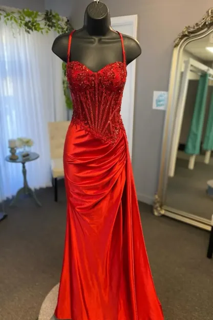 Elegant Silver Satin Mermaid Prom Dress with Spaghetti Straps and Appliques