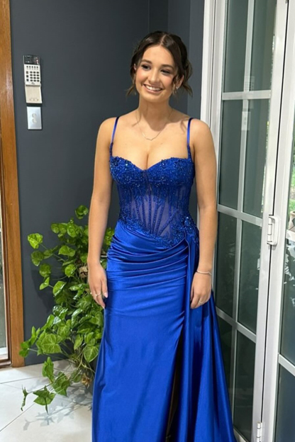 Silver Corset Prom Dress with Trendy Mermaid Spaghetti Straps and Appliques
