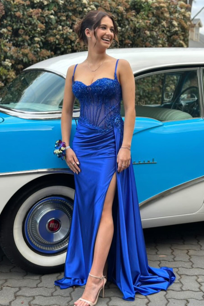 Silver Corset Prom Dress with Trendy Mermaid Spaghetti Straps and Appliques