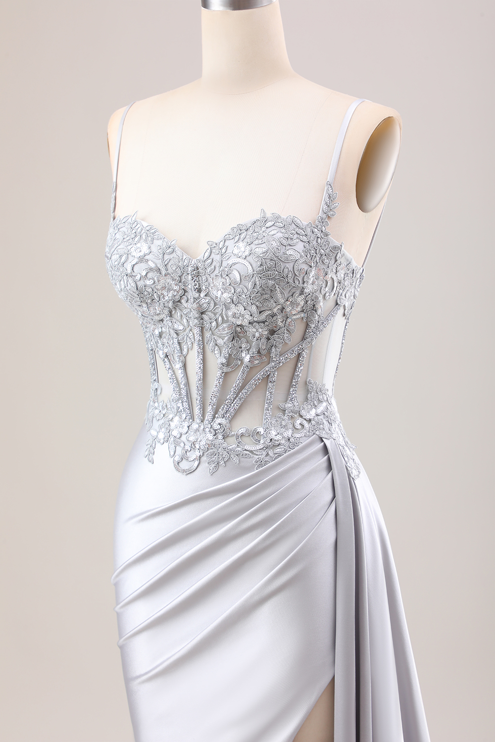 Elegant Silver Satin Mermaid Prom Dress with Spaghetti Straps and Appliques
