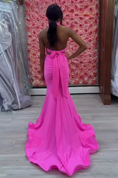 Elegant Light Blue Satin Mermaid Prom Dress with Halter Neckline and Backless Design