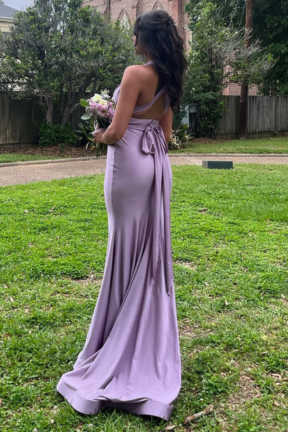 Elegant Light Blue Satin Mermaid Prom Dress with Halter Neckline and Backless Design