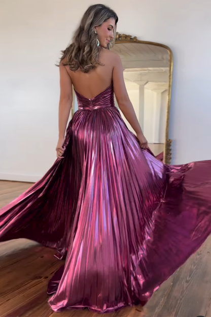 Long A-Line Pleated Prom Dress with Metallic Blush Halter Neck and Slit