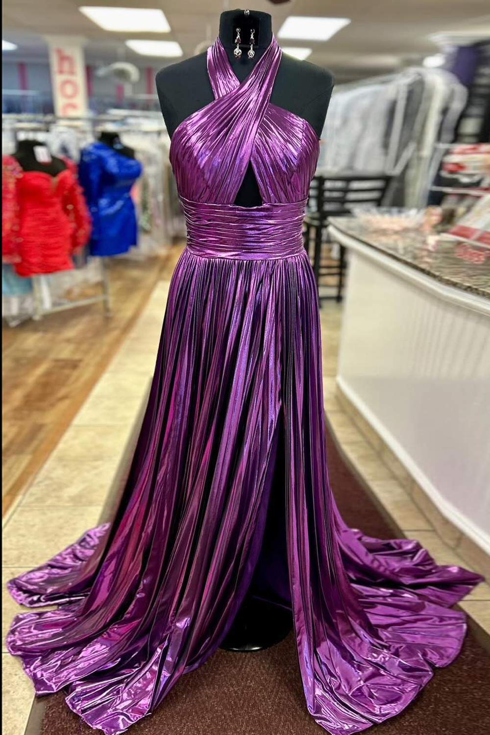 Long A-Line Pleated Prom Dress with Metallic Blush Halter Neck and Slit