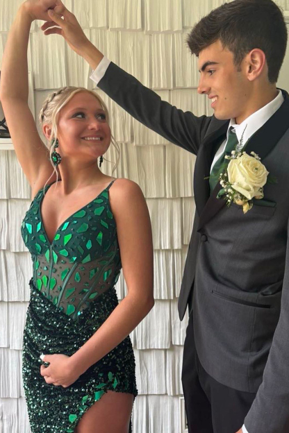 Long Corset Prom Dress in Emerald Green with Mermaid Sequins and Spaghetti Straps Featuring a Slit