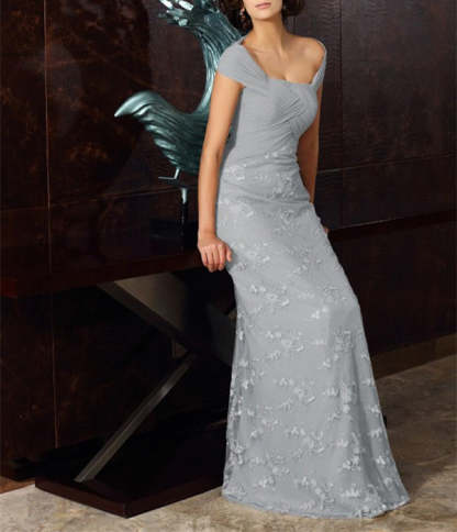 Off-The-Shoulder Short Sleeve A-Line Chiffon Mother Of The Bride Dress with Lace Appliques Tea-Length