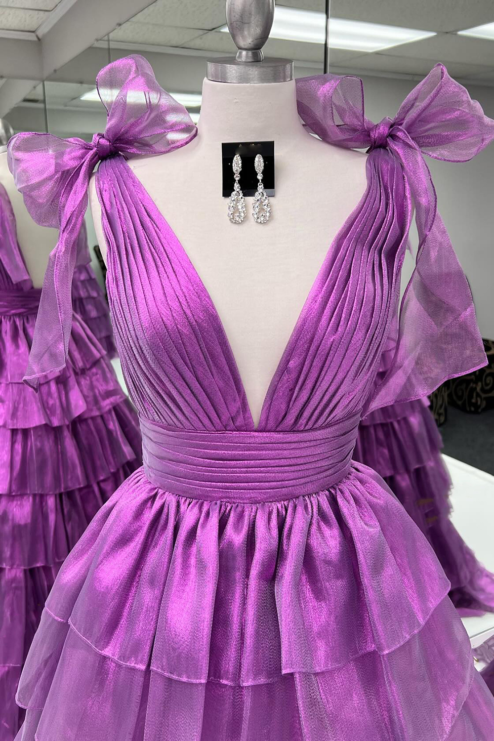 Pink Ruffled Prom Dress with Deep V Neckline in A-Line Style