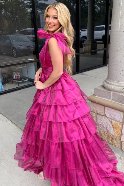 Deep V Neck Fuchsia Princess Prom Dress with Ruffles in A Line
