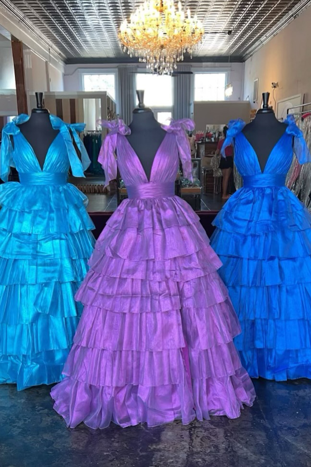 Pink Ruffled Prom Dress with Deep V Neckline in A-Line Style