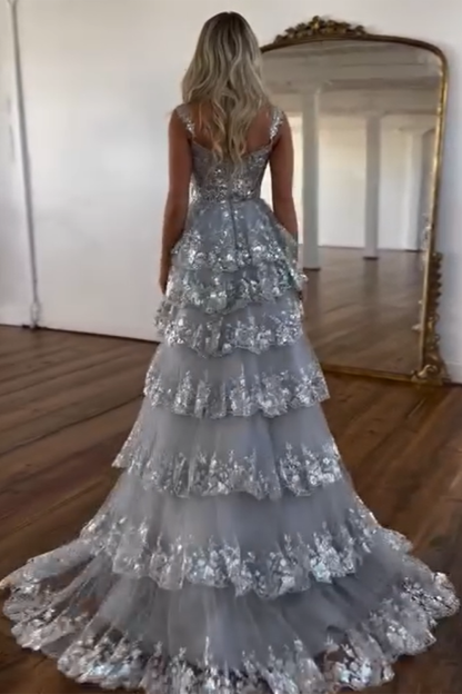 Ocean Blue Off-the-Shoulder Princess A-Line Corset Prom Dress with Lace Ruffles