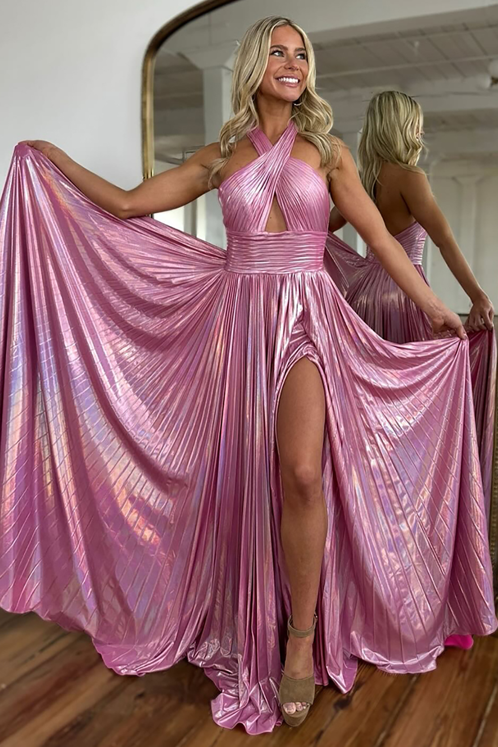 Long A-Line Pleated Prom Dress with Metallic Blush Halter Neck and Slit