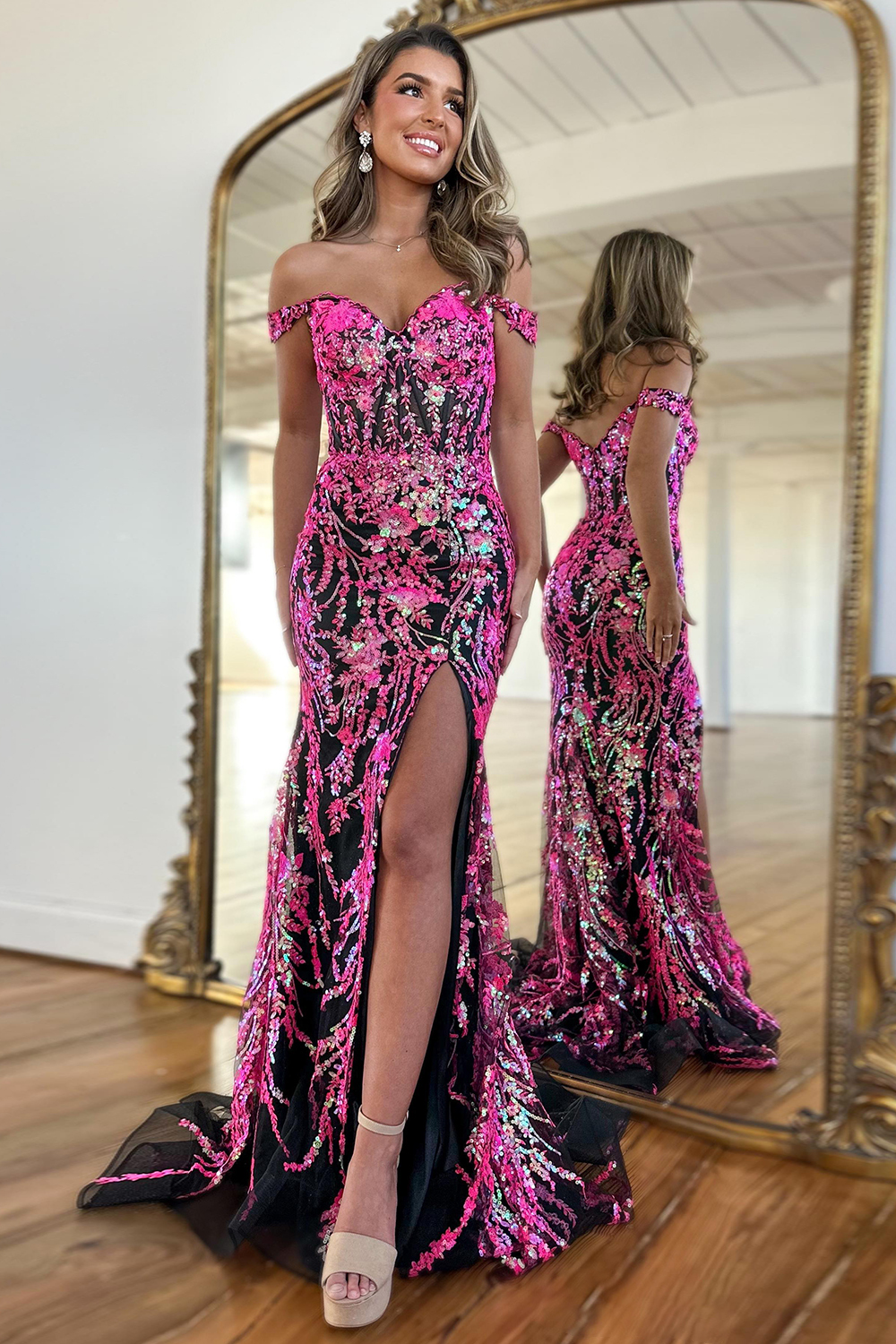 Fuchsia Sparkle Off-Shoulder Tiered Long Prom Dress with Sequins