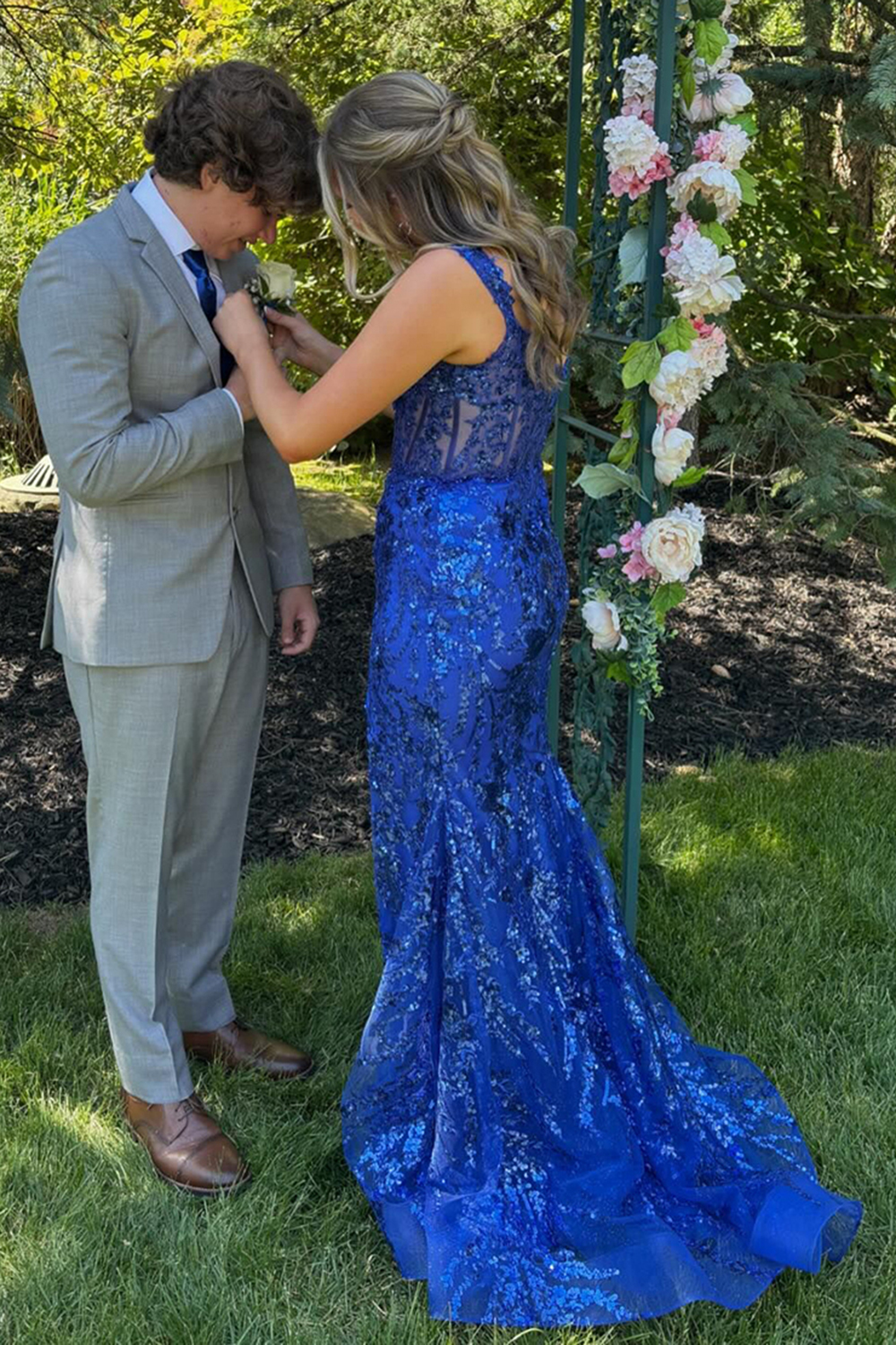 Fuchsia Sparkle Off-Shoulder Tiered Long Prom Dress with Sequins