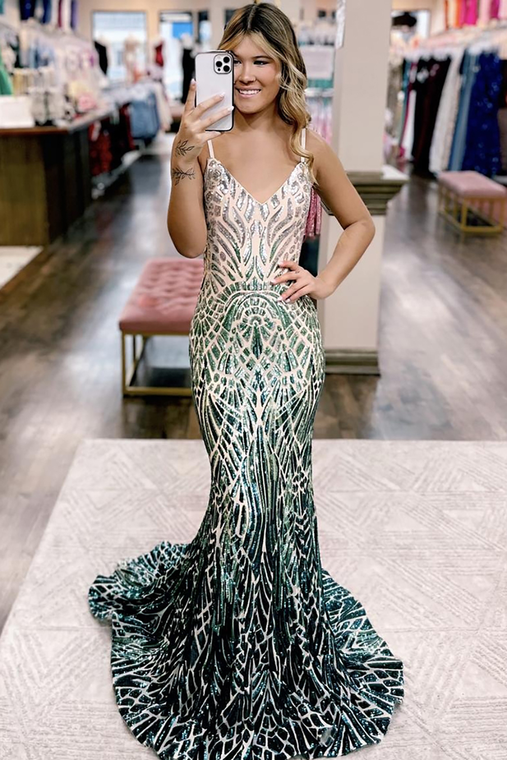 Long Mermaid Prom Dress with Fuchsia Sequins and Sparkly Spaghetti Straps