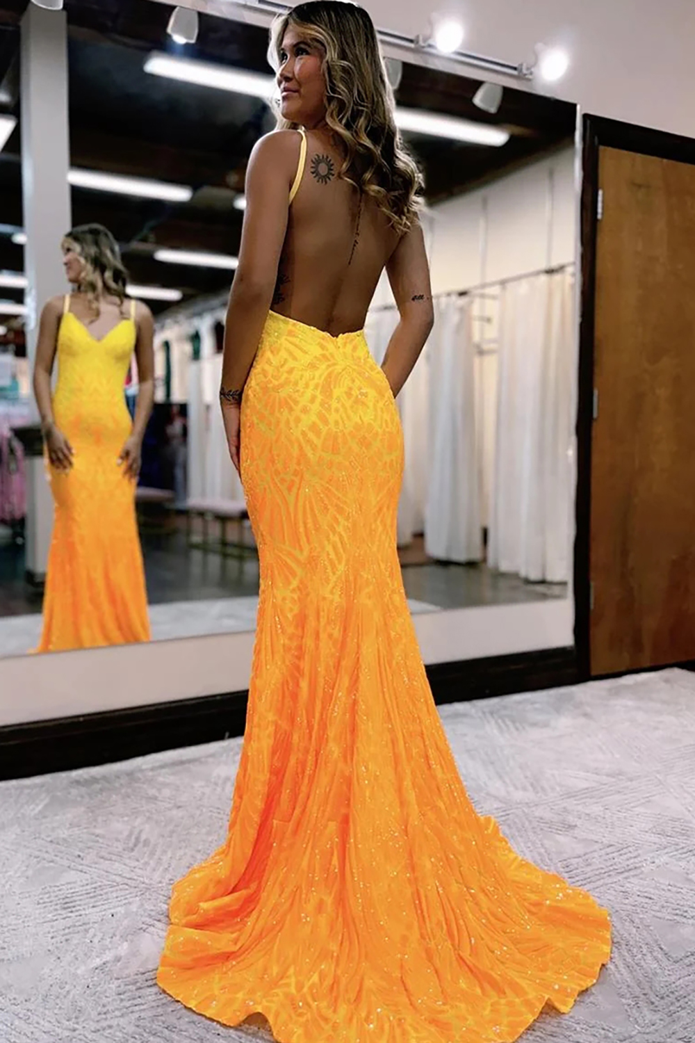 Long Mermaid Prom Dress with Fuchsia Sequins and Sparkly Spaghetti Straps