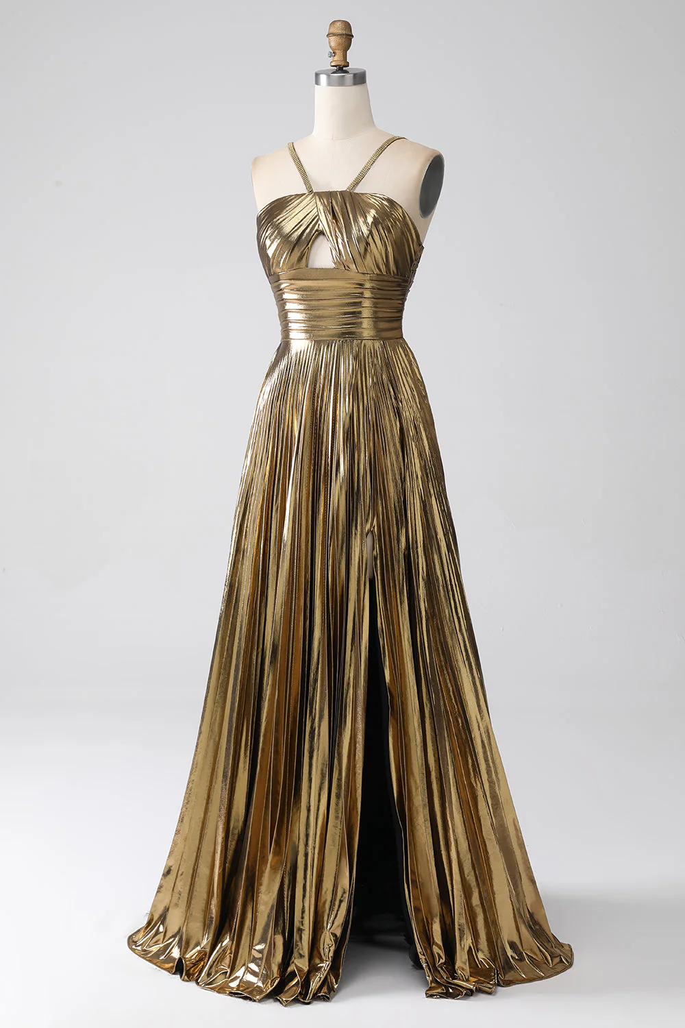 Long Halter Prom Dress in Metallic Fuchsia with Keyhole Slit and A-Line Silhouette