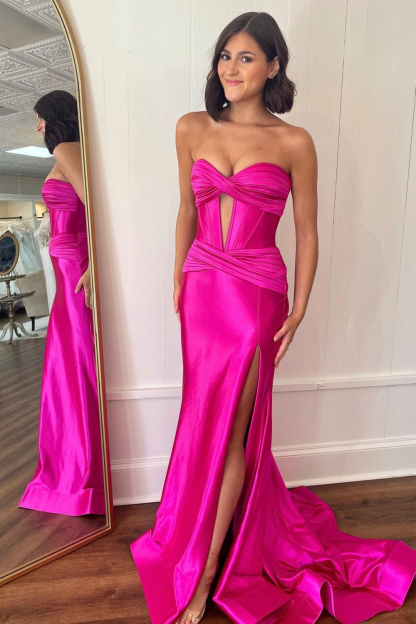 Long Purple Satin Mermaid Prom Dress with Sweetheart Corset and Split
