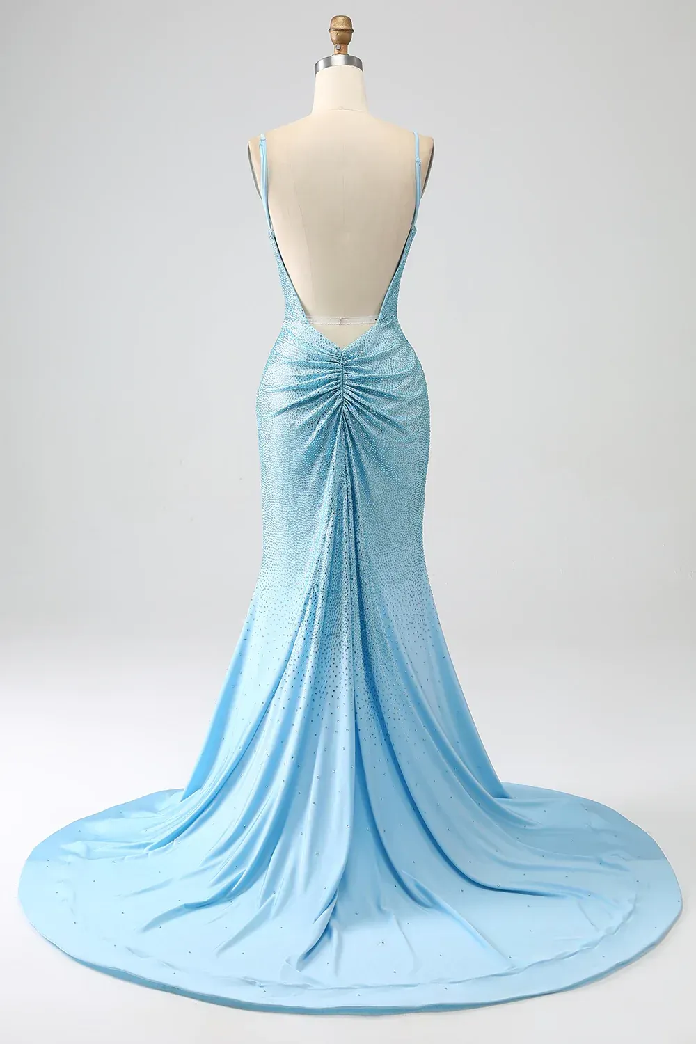 Long V-Neck Prom Dress in Sparkly Light Blue with Beaded Mermaid Cut and Slit